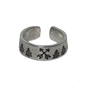 Handmade‎ stamped 7/8 mountains scene silver adjustable hypoallergenic cuff ring